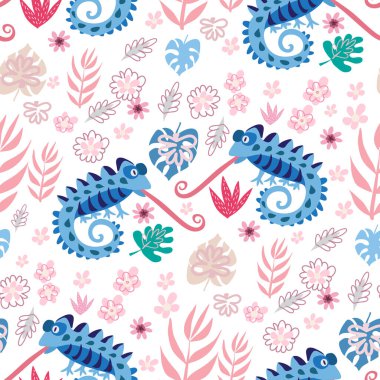 Şirin bukalemunları olan kusursuz çocuksu bir model. Tekstil, kumaş, duvar kağıdı, poster, kartpostal, yüzey tasarımı, moda çocuklarının giydiği kıyafetler, bebek partisi. Çocuklar için vektör çizimi.