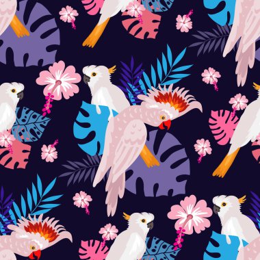 Tropik papağanlarla kusursuz desen. Renkli egzotik kuşlar, yapraklar, çiçekler, bitkiler ve dallar tekstil, kumaş, kapaklar, moda için sanat baskıları. EPS 10