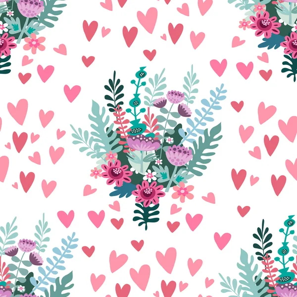 Belle Fleur Motif Sans Couture Avec Des Cœurs Des Bouquets — Image vectorielle