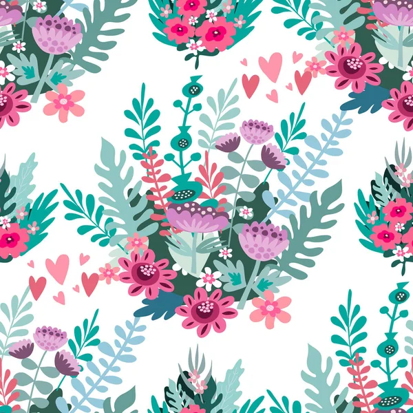 心と繊細な芸術の花束と美しい花のシームレスなパターン テキスタイル ファブリック パターンフィル カバー ラップ スクレープブッキングのための花の背景 — ストックベクタ