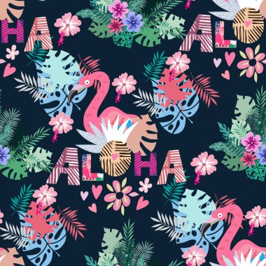 Beautiful colorful seamless pattern with parrot, macaw, jaco,  pink flamingo bird,  lettering and exotic flowers, leaves. Tropical flowers background.  Vector cute  summer illustration clipart
