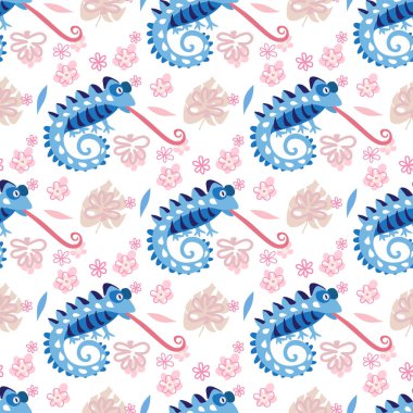 Şirin bukalemunları olan kusursuz çocuksu bir model. Tekstil, kumaş, duvar kağıdı, poster, kartpostal, yüzey tasarımı, moda çocuklarının giydiği kıyafetler, bebek partisi. Çocuklar için vektör çizimi.