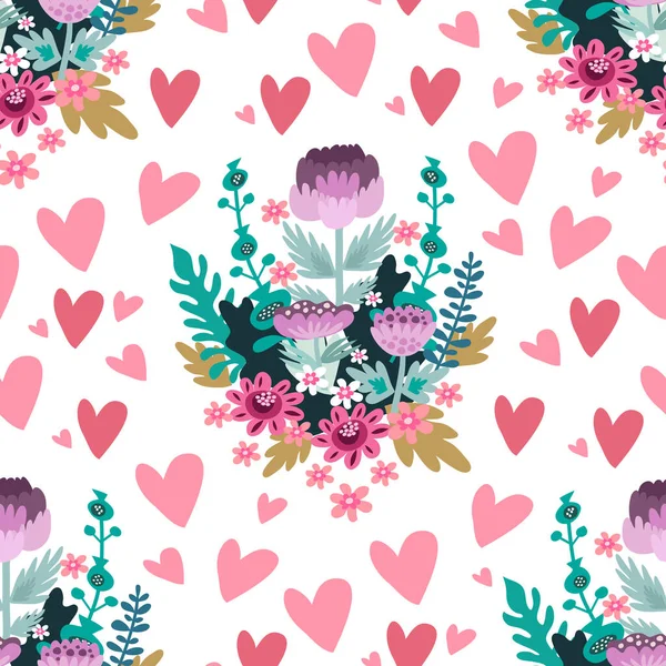 Schöne Blume Nahtlose Muster Mit Herzen Und Zarten Kunststräußen Wiese — Stockvektor