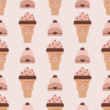 Dondurma, waffle, tatlı kekler, turtalar, çikolatalı dondurmalar ve meyveli kekler, tatlılar ve pastalar. Çizgi film tarzında vektör illüstrasyonu.