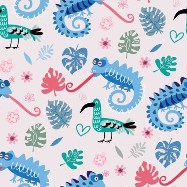 Şirin bukalemunları olan kusursuz çocuksu bir model. Tekstil, kumaş, duvar kağıdı, çocuk kıyafetleri, poster, kartpostal, yüzey tasarımı, moda çocuklarının giydiği kıyafetler, bebek partisi. Çocuklar için vektör çizimi.