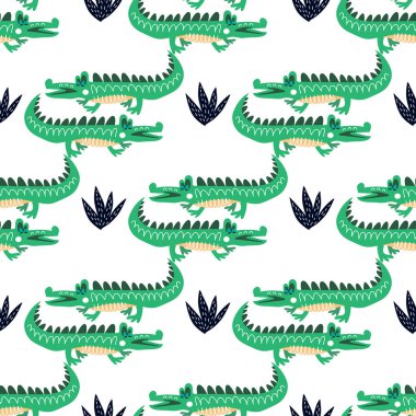 Tatlı timsahlarla kusursuz çocuksu bir düzen. Tekstil, kumaş, duvar kağıdı, çocuk kıyafetleri, poster, yüzey tasarımı, moda çocuklarının giydiği kıyafetler, bebek partisi. Çocuklar için vektör çizimi.