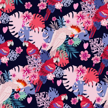 Tropik papağanlarla kusursuz desen. Renkli egzotik arka plan kuşları, yapraklar, çiçekler, bitkiler ve dallar seyahat ve tatil için sanat baskıları, moda, posterler. Vektör illüstrasyonu EPS 10