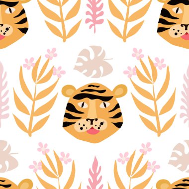 Tatlı kaplanla kusursuz çocuksu bir düzen. Tekstil, kumaş, duvar kağıdı, çocuk kıyafetleri, duvar resimleri, poster, yüzey tasarımı, moda çocuklarının giydiği kıyafetler, bebek partisi. Çocuklar için vektör çizimi.