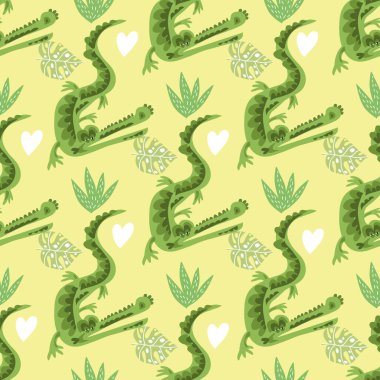 Tatlı timsahlarla kusursuz çocuksu bir düzen. Tekstil, kumaş, duvar kağıdı, çocuk kıyafetleri, poster, yüzey tasarımı, moda çocuklarının giydiği kıyafetler, bebek partisi. Çocuklar için vektör çizimi.