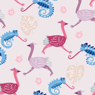 Çizgi film tarzında sevimli devekuşu desenli kusursuz çocuksu bir model. Tekstil, duvar kâğıdı, kumaş, tişört şablonu, çocuk kıyafetleri, poster, kartpostal, yüzey tasarımı, moda çocuklarının giydiği kıyafetler, bebek partisi. Çocuklar için vektör çizimi.