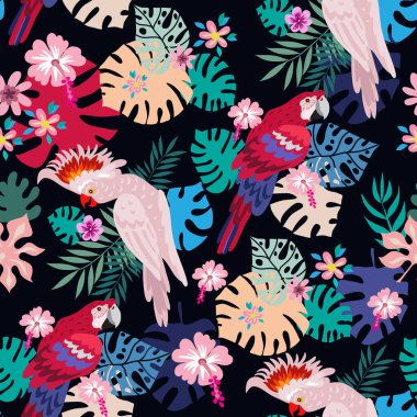 Tropik papağanlarla kusursuz desen. Renkli egzotik kuşlar, yapraklar, çiçekler, bitkiler ve dallar tekstil, kumaş, kapaklar, moda için sanat baskıları. EPS 10