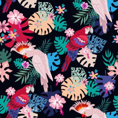 Seamless pattern with tropical parrots. Colorful exotic Birds, leaves, flowers, plants and branches art print for textile, fabric, covers, fashion.  EPS 10 clipart