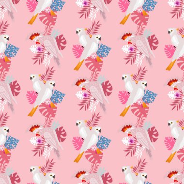 Tropik papağanlarla kusursuz desen. Renkli egzotik kuşlar, yapraklar, çiçekler, bitkiler ve dallar tekstil, kumaş, kapaklar, moda için sanat baskıları. EPS 10