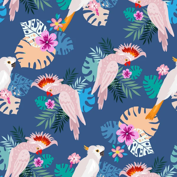 Patrón Sin Costuras Con Loros Tropicales Colorido Exótico Pájaros Hojas — Archivo Imágenes Vectoriales
