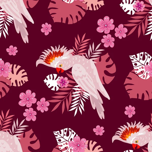 Tropik papağanlarla kusursuz desen. Renkli egzotik kuşlar, yapraklar, çiçekler, bitkiler ve dallar tekstil, kumaş, kapaklar, moda için sanat baskıları. EPS 10