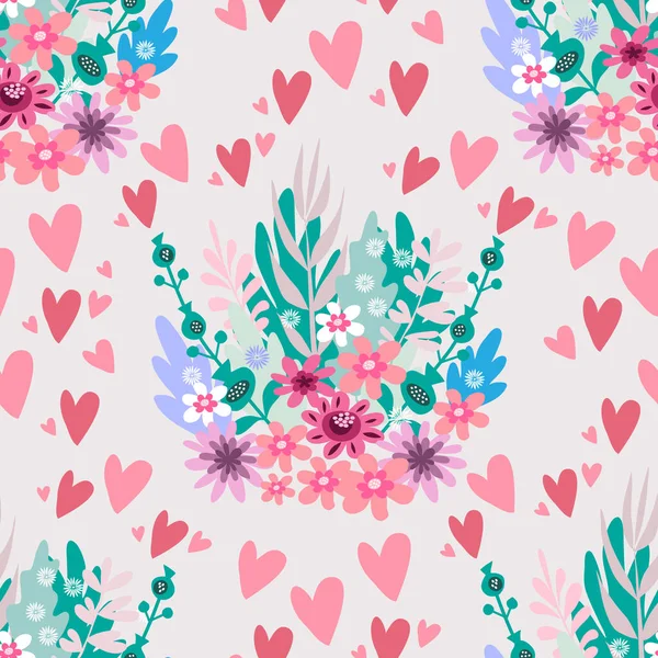 Beautiful Flower Seamless Pattern Hearts Delicate Art Bouquets Meadow Millefleurs — Stock Vector