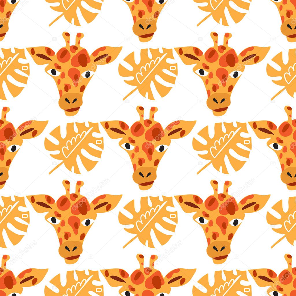 Cute seamless pattern with giraffe in cartoon style. Floral savanna, jungle  background , Kids illustration for design prints, textile, fabric, wallpapers.  Vector  illustration.