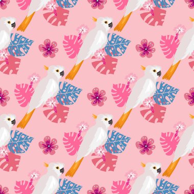 Tropik papağanlarla kusursuz desen. Renkli egzotik kuşlar, yapraklar, çiçekler, bitkiler ve dallar tekstil, kumaş, kapaklar, moda için sanat baskıları. EPS 10