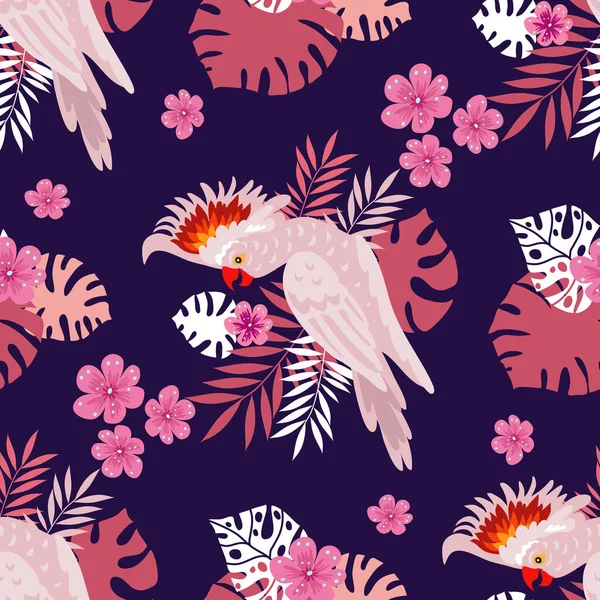 Seamless pattern with tropical parrots. Colorful exotic Birds, leaves, flowers, plants and branches art print for textile, fabric, covers, fashion.  EPS 10