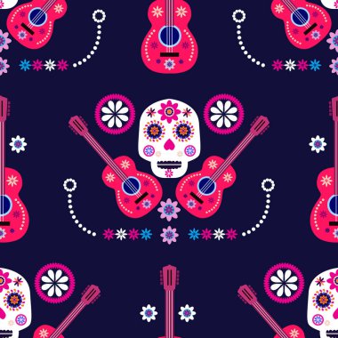 Meksikalıların kusursuz desenleri, Meksika kutlaması için şeker kafatası ve çiçek şablonu, geleneksel Meksika iskeleti dekorasyonu. Dia de Los Muertos, Ölü Cadılar Bayramı Vektörü illüstrasyonu Günü
