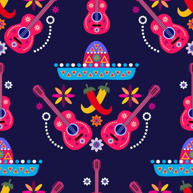 Meksikalıların kusursuz desenleri, Meksika kutlaması için şeker kafatası ve çiçek şablonu, geleneksel Meksika iskeleti dekorasyonu. Dia de Los Muertos, Ölü Cadılar Bayramı Vektörü illüstrasyonu Günü