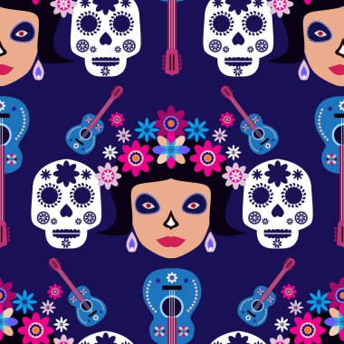 Meksikalıların kusursuz desenleri, Meksika kutlaması için şeker kafatası ve çiçek şablonu, geleneksel Meksika iskeleti dekorasyonu. Dia de Los Muertos, Ölü Cadılar Bayramı Vektörü illüstrasyonu Günü