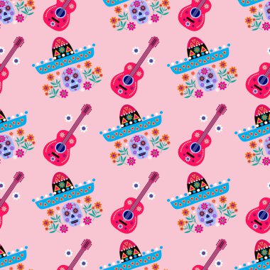 Meksikalıların kusursuz desenleri, Meksika kutlaması için şeker kafatası ve çiçek şablonu, geleneksel Meksika iskeleti dekorasyonu. Dia de Los Muertos, Ölü Cadılar Bayramı Vektörü illüstrasyonu Günü