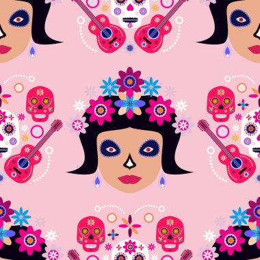 Meksikalıların kusursuz desenleri, Meksika kutlaması için şeker kafatası ve çiçek şablonu, geleneksel Meksika iskeleti dekorasyonu. Dia de Los Muertos, Ölü Cadılar Bayramı Vektörü illüstrasyonu Günü