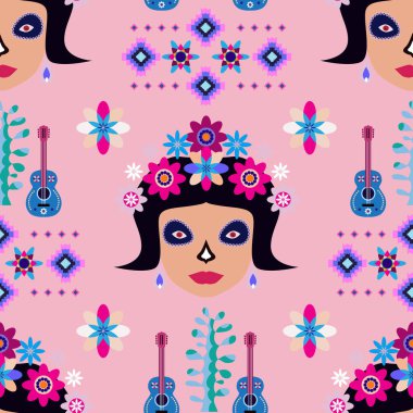 Meksikalıların kusursuz desenleri, Meksika kutlaması için şeker kafatası ve çiçek şablonu, geleneksel Meksika iskeleti dekorasyonu. Dia de Los Muertos, Ölü Cadılar Bayramı Vektörü illüstrasyonu Günü