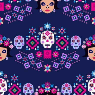 Meksikalıların kusursuz desenleri, Meksika kutlaması için şeker kafatası ve çiçek şablonu, geleneksel Meksika iskeleti dekorasyonu. Dia de Los Muertos, Ölü Cadılar Bayramı Vektörü illüstrasyonu Günü