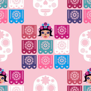 Meksikalıların kusursuz desenleri, Meksika kutlaması için şeker kafatası ve çiçek şablonu, geleneksel Meksika iskeleti dekorasyonu. Dia de Los Muertos, Ölü Cadılar Bayramı Vektörü illüstrasyonu Günü