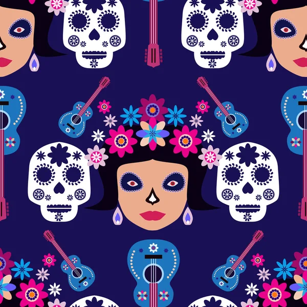 メキシコのシームレスなパターン 砂糖の頭蓋骨と花メキシコのお祝いのためのテンプレート 伝統的なメキシコのスケルトン装飾 デッド ハロウィーン ベクトル イラストの日 Dia Los Muertos — ストックベクタ