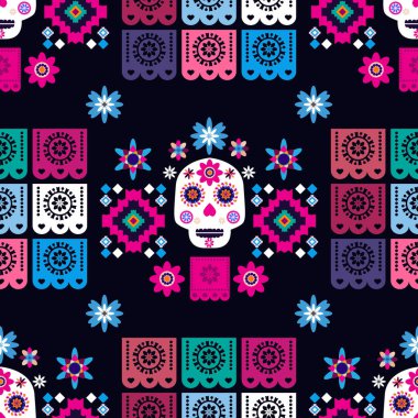 Meksikalıların kusursuz desenleri, Meksika kutlaması için şeker kafatası ve çiçek şablonu, geleneksel Meksika iskeleti dekorasyonu. Dia de Los Muertos, Ölü Cadılar Bayramı Vektörü illüstrasyonu Günü