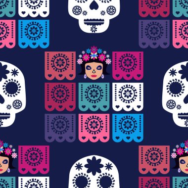 Meksikalıların kusursuz desenleri, Meksika kutlaması için şeker kafatası ve çiçek şablonu, geleneksel Meksika iskeleti dekorasyonu. Dia de Los Muertos, Ölü Cadılar Bayramı Vektörü illüstrasyonu Günü