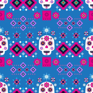 Meksikalıların kusursuz desenleri, Meksika kutlaması için şeker kafatası ve çiçek şablonu, geleneksel Meksika iskeleti dekorasyonu. Dia de Los Muertos, Ölü Cadılar Bayramı Vektörü illüstrasyonu Günü