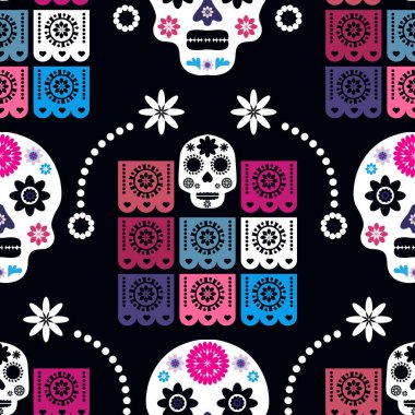 Meksika desenli, şeker kafalar ve renkli çiçekler. Meksika kutlaması şablonu, geleneksel Meksika iskeleti dekorasyonu. Dia de Los Muertos, Ölüler Günü. Vektör illüstrasyonu.