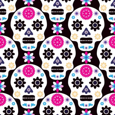Meksika desenli, şeker kafalar ve renkli çiçekler. Meksika kutlaması şablonu, geleneksel Meksika iskeleti dekorasyonu. Dia de Los Muertos, Ölüler Günü. Vektör illüstrasyonu.