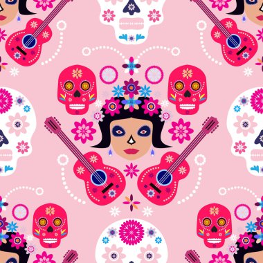 Meksika desenli, şeker kafalar ve renkli çiçekler. Meksika kutlaması şablonu, geleneksel Meksika iskeleti dekorasyonu. Dia de Los Muertos, Ölüler Günü. Vektör illüstrasyonu.