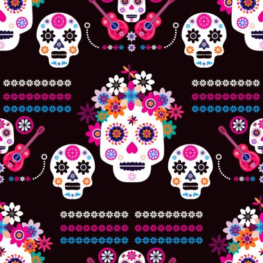 Meksika desenli, şeker kafalar ve renkli çiçekler. Meksika kutlaması şablonu, geleneksel Meksika iskeleti dekorasyonu. Dia de Los Muertos, Ölüler Günü. Vektör illüstrasyonu.