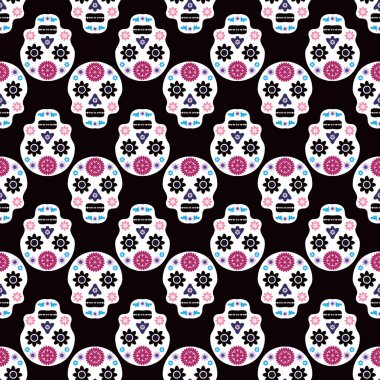 Meksika desenli, şeker kafalar ve renkli çiçekler. Meksika kutlaması şablonu, geleneksel Meksika iskeleti dekorasyonu. Dia de Los Muertos, Ölüler Günü. Vektör illüstrasyonu.