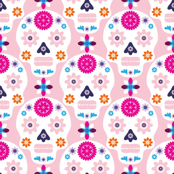 Meksika desenli, şeker kafalar ve renkli çiçekler. Meksika kutlaması şablonu, geleneksel Meksika iskeleti dekorasyonu. Dia de Los Muertos, Ölüler Günü. Vektör illüstrasyonu.