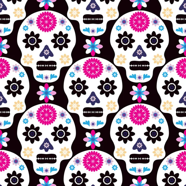 Meksika desenli, şeker kafalar ve renkli çiçekler. Meksika kutlaması şablonu, geleneksel Meksika iskeleti dekorasyonu. Dia de Los Muertos, Ölüler Günü. Vektör illüstrasyonu.