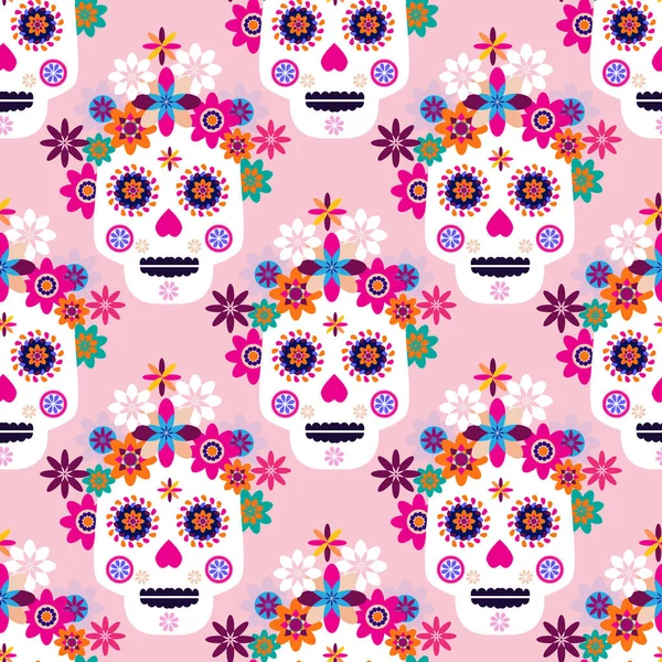 Μεξικάνικο Μοτίβο Χωρίς Ραφή Ζαχαρωτά Κρανία Και Πολύχρωμα Λουλούδια Πρότυπο — Διανυσματικό Αρχείο