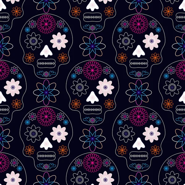 Meksika desenli, şeker kafalar ve renkli çiçekler. Meksika kutlaması şablonu, geleneksel Meksika iskeleti dekorasyonu. Dia de Los Muertos, Ölüler Günü. Vektör illüstrasyonu.