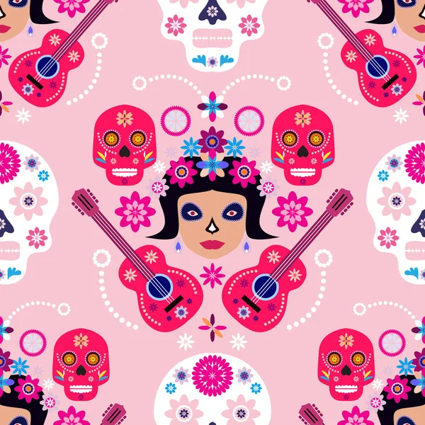 Meksika desenli, şeker kafalar ve renkli çiçekler. Meksika kutlaması şablonu, geleneksel Meksika iskeleti dekorasyonu. Dia de Los Muertos, Ölüler Günü. Vektör illüstrasyonu.