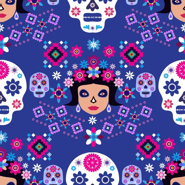 Meksika desenli, şeker kafalar ve renkli çiçekler. Meksika kutlaması şablonu, geleneksel Meksika iskeleti dekorasyonu. Dia de Los Muertos, Ölüler Günü. Vektör illüstrasyonu.