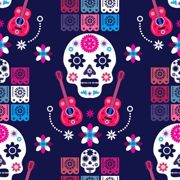 Patrón Mexicano Sin Costuras Calaveras Azúcar Flores Colores Plantilla Para — Archivo Imágenes Vectoriales