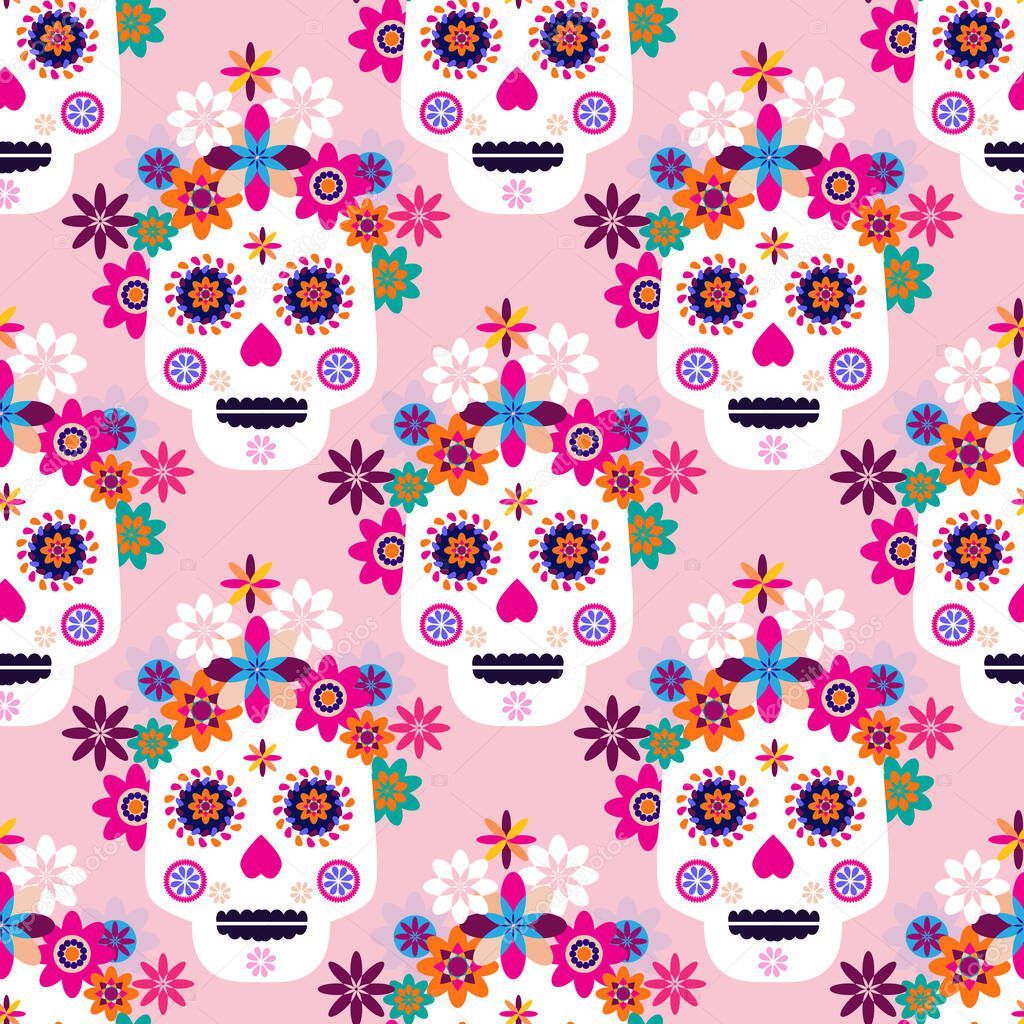 Mexican seamless pattern, sugar skulls and colorful flowers. Template  for mexican celebration, traditional mexico skeleton decoration. Dia de Los Muertos, Day of the Dead .Vector illustration.