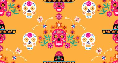 Meksika desenli, şeker kafalar ve renkli çiçekler. Meksika kutlaması şablonu, geleneksel Meksika iskeleti dekorasyonu. Dia de Los Muertos, Ölüler Günü. Vektör illüstrasyonu.