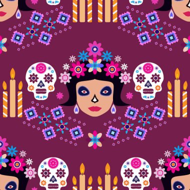 Meksika deseni, Catrina Calavera şeker kafatası ve kadife çiçeği. Meksika kutlaması şablonu, geleneksel Meksika iskeleti dekorasyonu. Dia de Los Muertos, Ölü Cadılar Bayramı Vektörü illüstrasyonu Günü